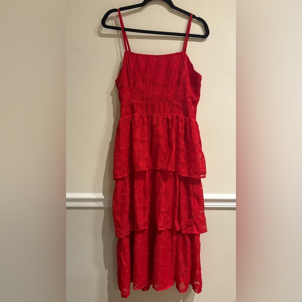 Lulus Grace and Beauty Red Burnout Floral Print Tiered Dress Size XL - Picture 4 of 8
